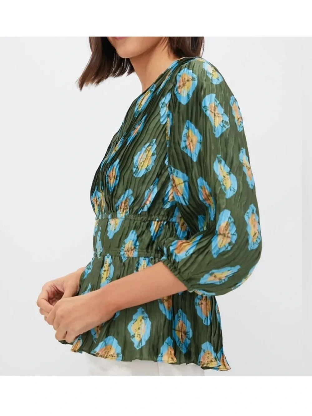 Tuckernuck Peplum Maisy Blouse Pintuck Geometric Shirt Blue Green Size Medium